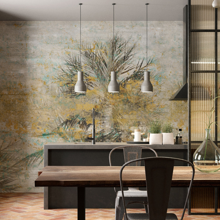 Tapet cu design modern, cu palmieri in culori pastelate