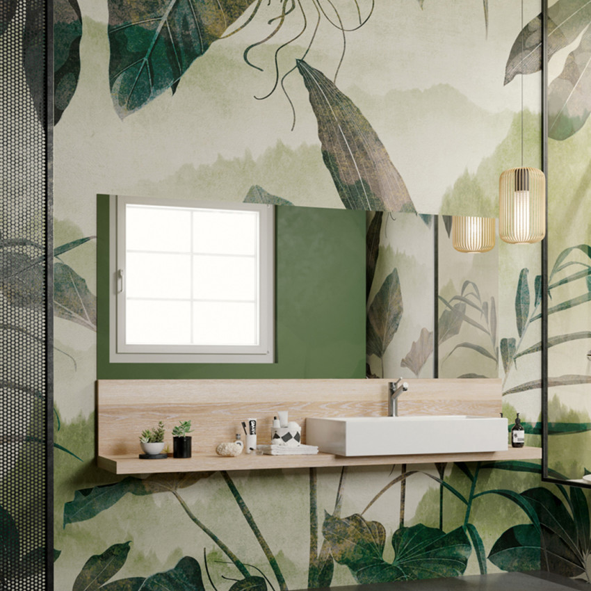 Tapet cu design minimalist, inspirat de frumusețea naturii. Imaginea delicată a frunzelor în nuanțe de verde și gri, pe un fundal crem, creează un spațiu calm și relaxant.