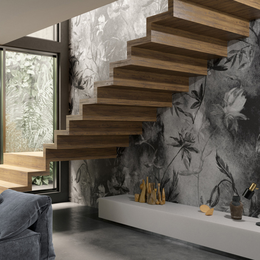 Tapet Light and Shadows / Ethereal Beauty, Variant 1, cu un design floral delicat in tonuri de gri si alb