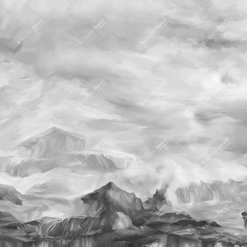 Tapet abstract monocrom cu cascade, stânci și nori în tonuri de gri.