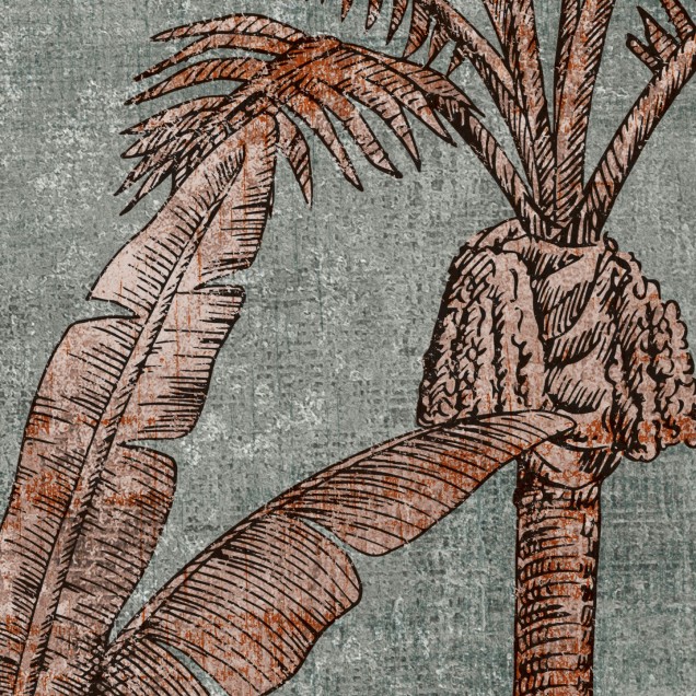 Tapet cu design tropical, palmieri și plante tropicale, fundal gri-verde, tonuri de roz și gri