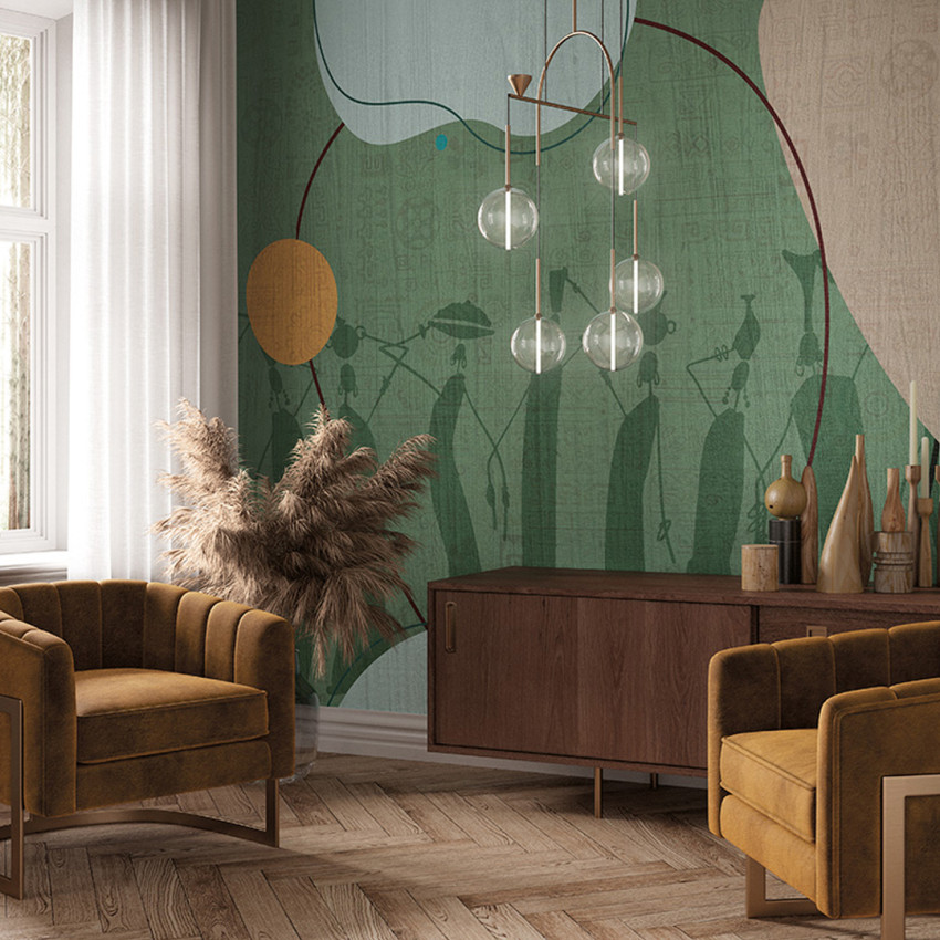 Tapet abstract cu design minimalist în nuanțe de verde, cu siluete umane și forme geometrice.