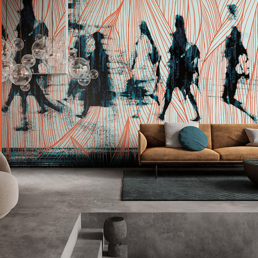 Tapet modern cu design minimalist, siluete abstracte in culori puternice, in tonuri de albastru si portocaliu.