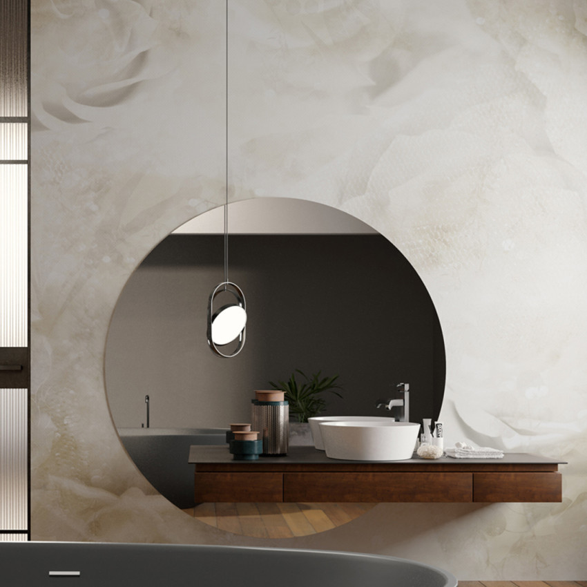 Tapet baie modern cu flori delicate, alb cremos, elegant, minimalist, design abstract, oglindă rotundă, atmosferă relaxantă, sofisticată, baie spa.