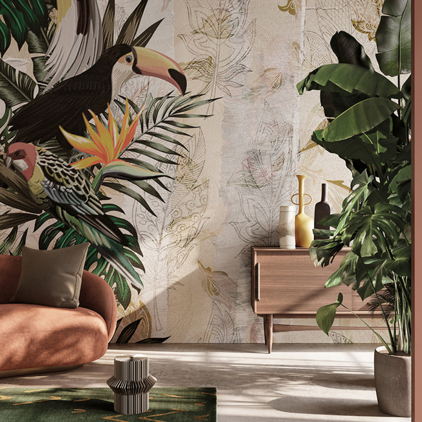 Tapet tropical cu design exotic, cu păsări și plante tropicale