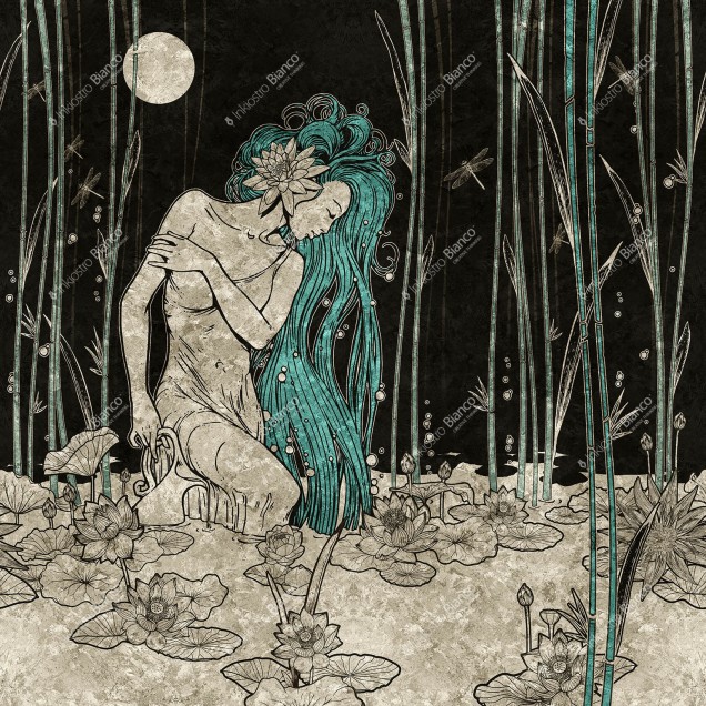 Wallpaper cu design floral si o femeie misterioasa, Bluemoon, Variant 1, Inkiostro Bianco.