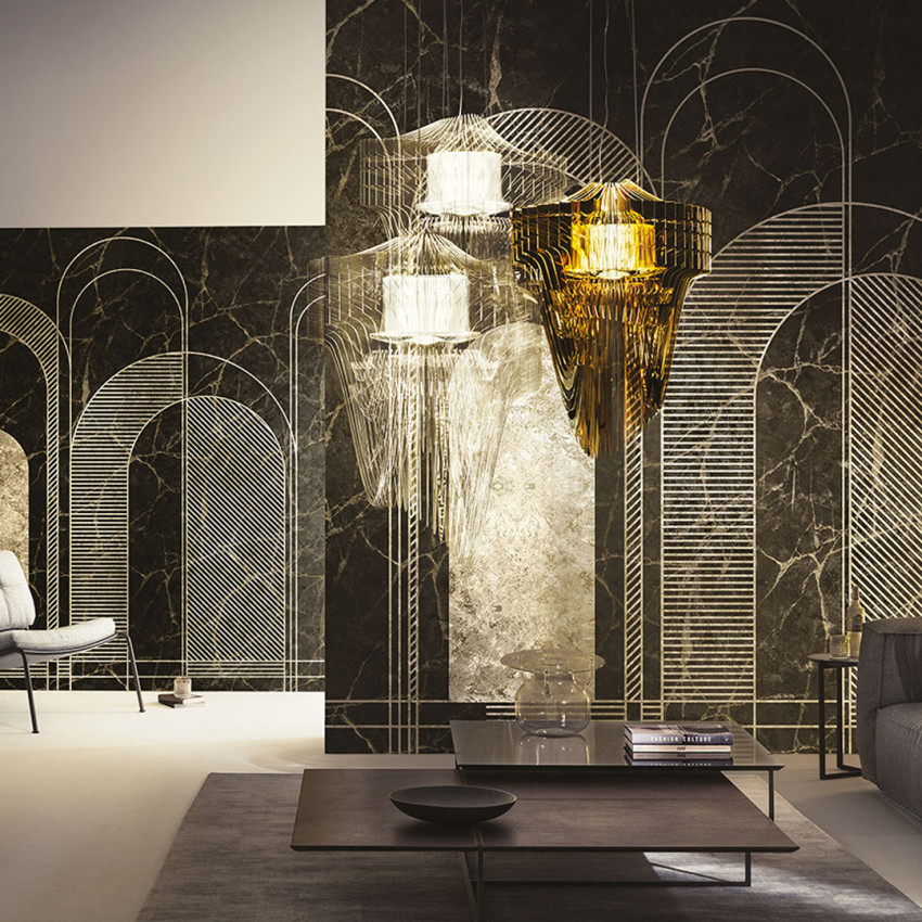 Tapet cu design modern, o combinatie de marmura si linii aurii, pentru un interior sofisticat si rafinat.