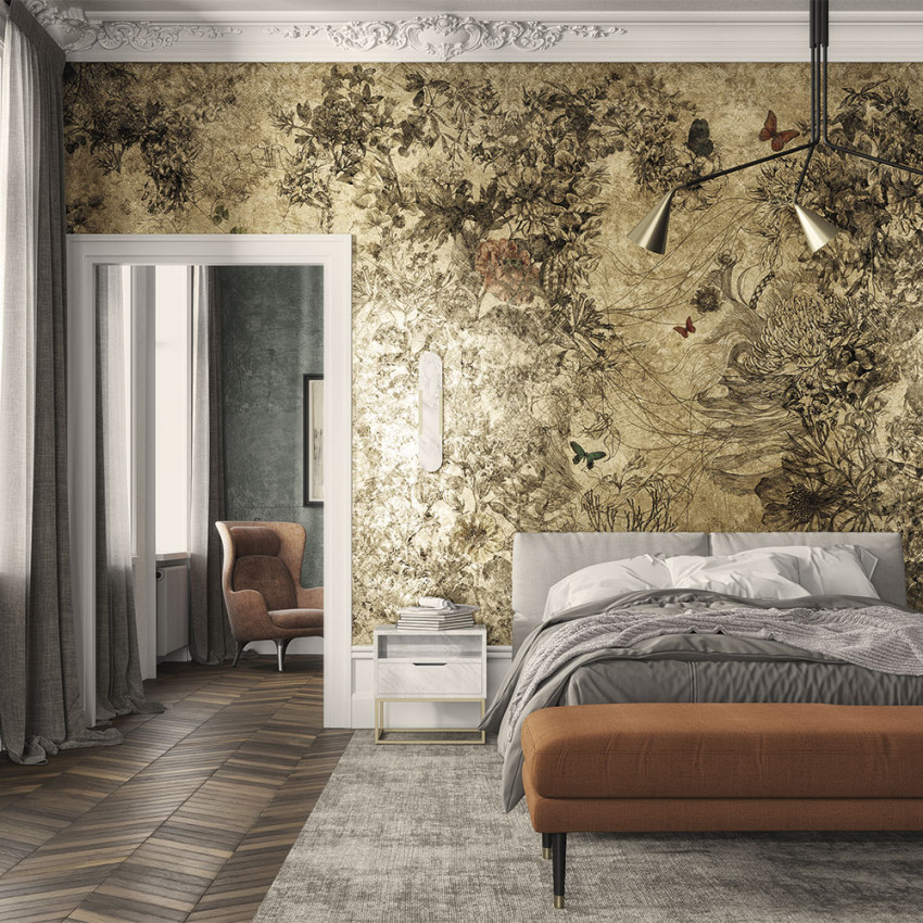 Tapet floral cu fluturi in nuante de aur si gri-maroniu