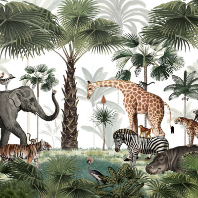 Tapet personalizat Animal Kingdom, cu imagini spectaculoase cu animale din jungla, palmieri si o atmosfera fascinanta.