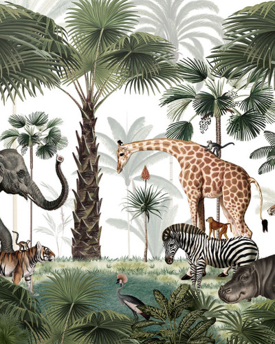 Tapet personalizat Animal Kingdom, cu imagini spectaculoase cu animale din jungla, palmieri si o atmosfera fascinanta.