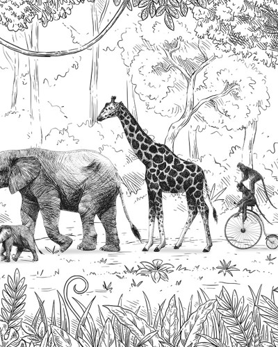 Tapet cu paradă de animale în tonuri de negru și alb. Designul prezintă o girafă, un elefant, un tigru și maimuțe pe bicicletă în pădure.