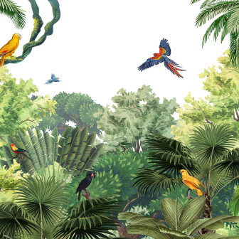 Tapet personalizat cu design exotic Canopy Jungle, care prezintă o pădure tropicală luxuriantă, cu palmieri înalți, vegetație bogată și păsări colorate.