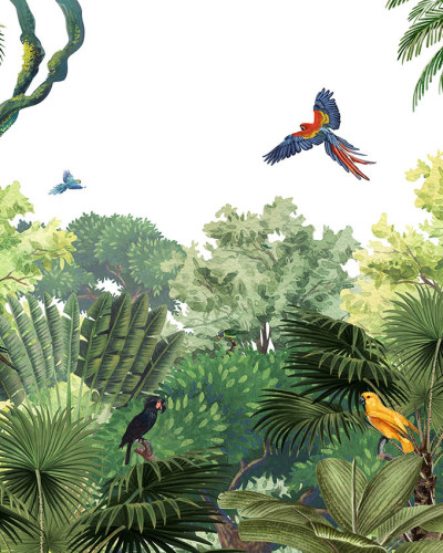 Tapet personalizat cu design exotic Canopy Jungle, care prezintă o pădure tropicală luxuriantă, cu palmieri înalți, vegetație bogată și păsări colorate.