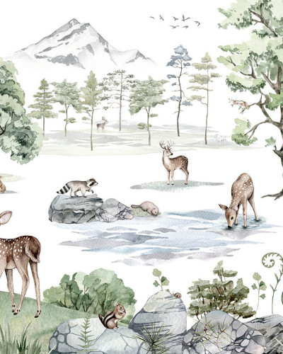 Wallpaper cu o pădure de iarnă cu cerb și animale drăguțe