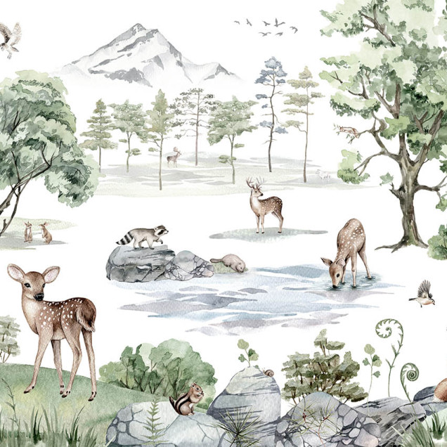Wallpaper cu o pădure de iarnă cu cerb și animale drăguțe