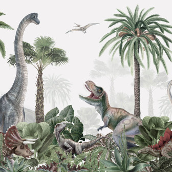 Tapet camera copii cu dinozauri, palmieri si plante tropicale