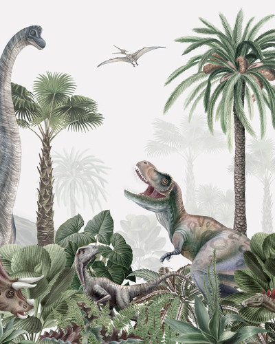 Fototapet cu dinozauri și palmieri într-o cameră de copii