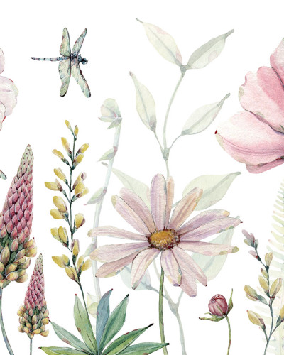 Tapet floral cu flori delicate și libelule, pictate cu acuarele, pe fundal alb.
