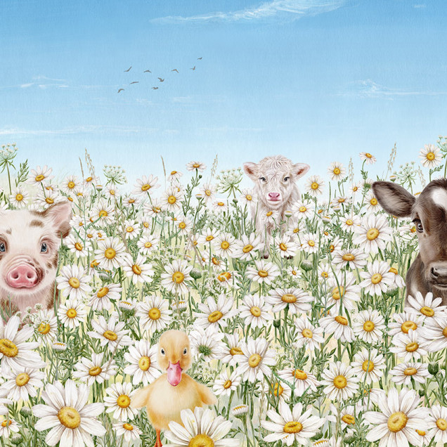 Tapet personalizat Fantastic Forest - Bej cu animale drăguțe într-o pădure de margarete