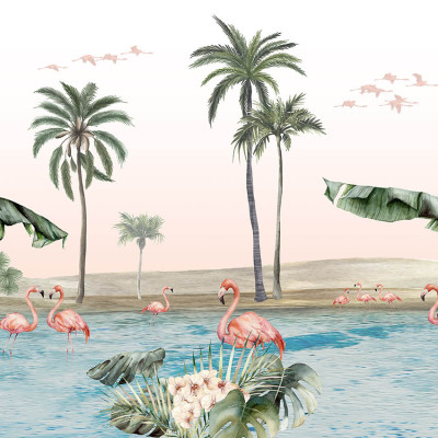 Tapet personalizat cu palmieri, flamingo roz și o oază tropicală.