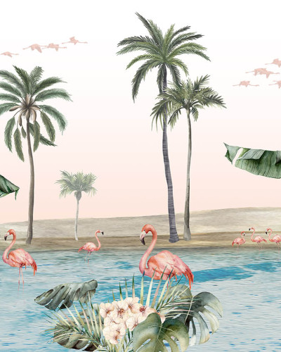 Tapet personalizat cu palmieri, flamingo roz și o oază tropicală.