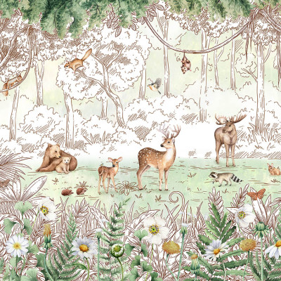Fototapet cu animale din pădure și flori de primăvară