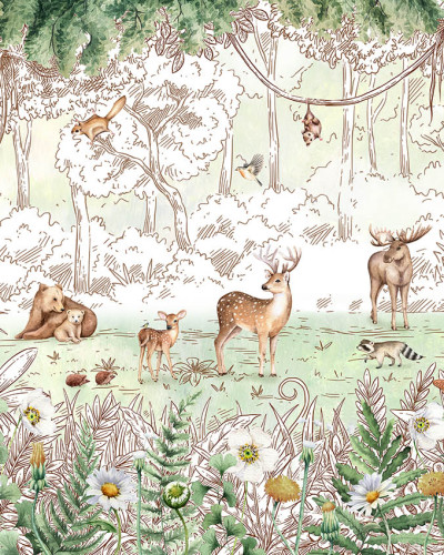 Fototapet cu animale din pădure și flori de primăvară