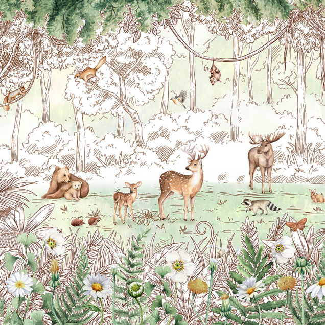 Fototapet cu animale din pădure și flori de primăvară