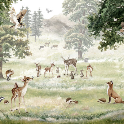 Tapet cu animale din pădure, inclusiv cerbi, vulpi, veverițe, bufnițe și alte animale, ideal pentru camera copilului