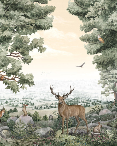 Tapet cu design inspirat din natură, Forest Vista, cu o panoramă uluitoare a pădurii, copaci, animale sălbatice și o atmosferă relaxantă.