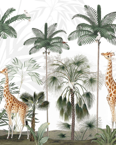 Tapet cu girafe grațioase și palmieri tropicali, perfect pentru camera copilului
