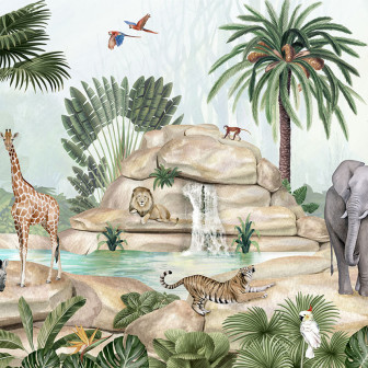 Tapet Jolly Jungle, o tapetă vibrantă cu animale și plante exotice, perfectă pentru a transforma orice cameră într-un colț exotic.