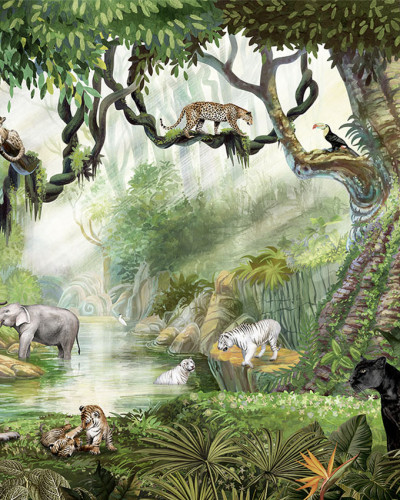 Tapet Jungle Cats cu elefanți, tigri, leoparzi, maimuțe și păsări tropicale într-o junglă luxuriantă.