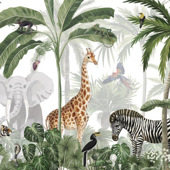 Tapet personalizat cu jungle, animale, copaci si plante exotice