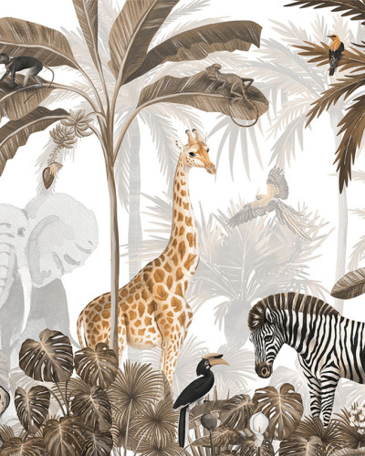 Personalizat Jungle Jive - Sepia cu imagini de animale din junglă, cum ar fi girafe, elefanți, zebre și tigri, printre palmieri și frunze luxuriante.