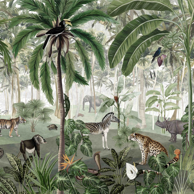 Tapet cu design jungle, cu palmieri, animale sălbatice și o ambianță exotică