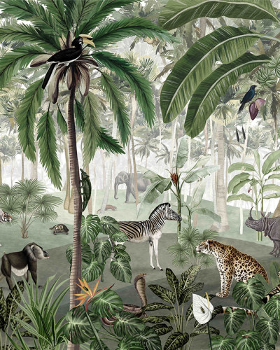 Tapet cu design jungle, cu palmieri, animale sălbatice și o ambianță exotică