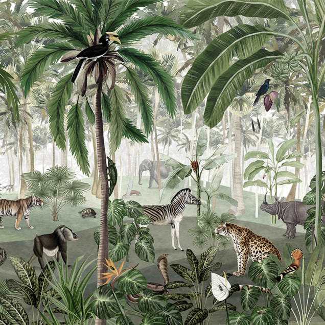Tapet cu design jungle, cu palmieri, animale sălbatice și o ambianță exotică