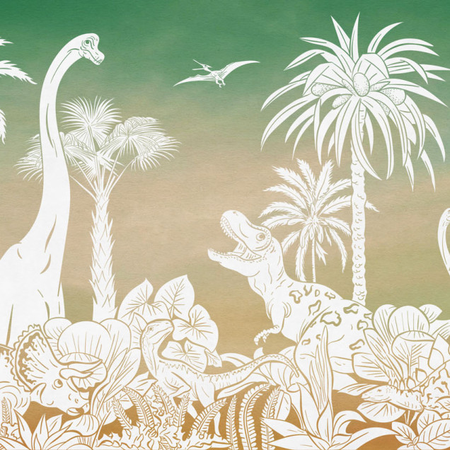 Tapet cu dinozauri albi pe fundal verde și maro
