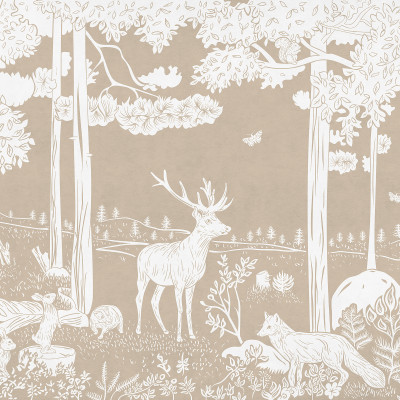 Tapet monocrom cu design forestier, cu siluete delicate de copaci, animale și plante în nuanțe de maro și alb