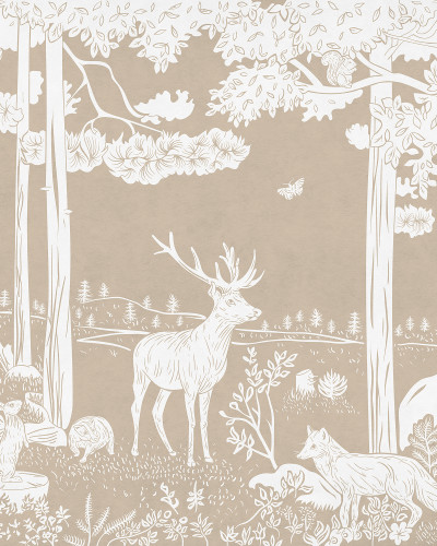 Tapet monocrom cu design forestier, cu siluete delicate de copaci, animale și plante în nuanțe de maro și alb