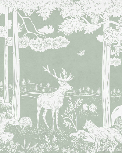 Tapet cu design monocrom al unei păduri, în nuanțe de verde, cu copaci, animale și detalii florale.