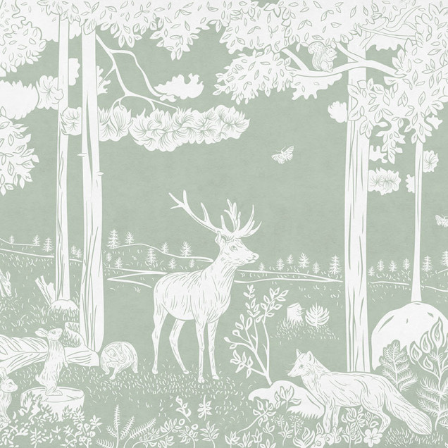 Tapet cu design monocrom al unei păduri, în nuanțe de verde, cu copaci, animale și detalii florale.
