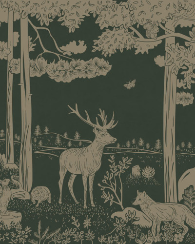 Wallpaper cu imagine a unei păduri monocrome, cu detalii de animale și copaci.  Paleta de culori este verde vintage.