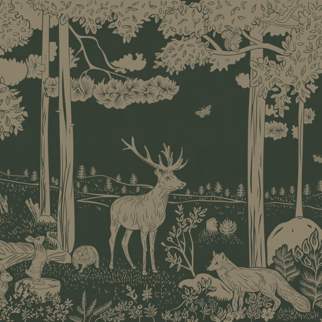 Wallpaper cu imagine a unei păduri monocrome, cu detalii de animale și copaci.  Paleta de culori este verde vintage.