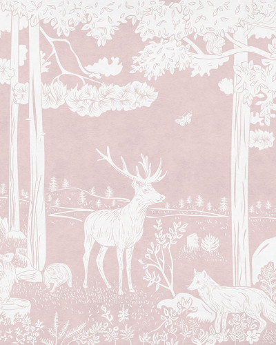 Tapet personalizat Monochrome Forest - Pink cu un design minimalist și elegant cu copaci, animale și flori albe pe un fundal roz pudrat.