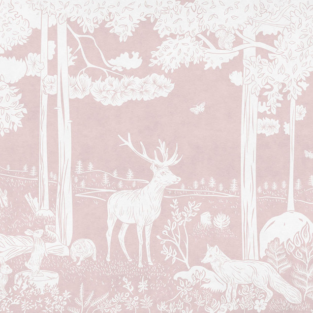 Tapet personalizat Monochrome Forest - Pink cu un design minimalist și elegant cu copaci, animale și flori albe pe un fundal roz pudrat.