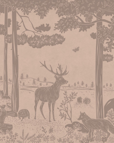 Tapet personalizat cu un design elegant, inspirat de natură. Imprimeul subtil în tonuri pastelate de roz prezintă o pădure liniștită, cu siluete delicate de animale.