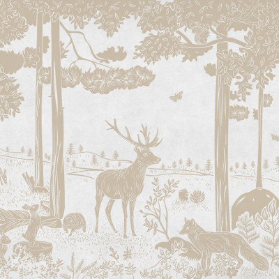 Tapet de perete cu o pădure monocromă, cu nuanțe vintage de alb, ideal pentru dormitoare, sufragerii sau camere pentru copii. Design artistic cu detalii rafinate ale copacilor, animalelor și florilor.