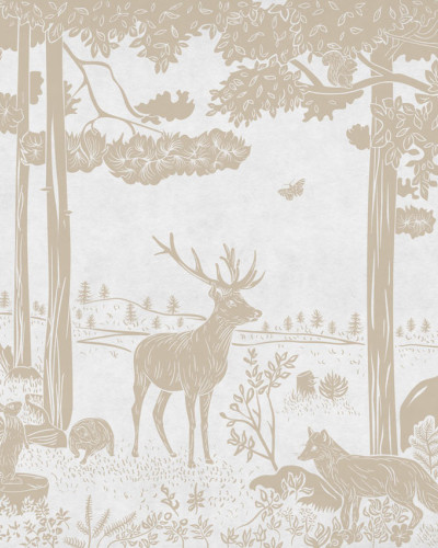Tapet de perete cu o pădure monocromă, cu nuanțe vintage de alb, ideal pentru dormitoare, sufragerii sau camere pentru copii. Design artistic cu detalii rafinate ale copacilor, animalelor și florilor.